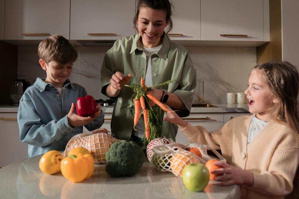 mutter-mit-kindern-in-der-küche-mit-gemüse