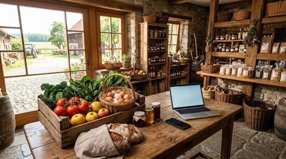 Hofladen mit großem Verkaufstisch, Laptop, Smartphone, Brot und Gemüse-Obst-Kiste im Vordergrund. 