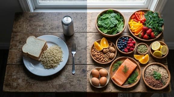Esstisch mit zwei Seiten – die eine Seite ist mit einem Teller mit Toastbrot und Nudeln in gedämpften Farben gedeckt, die andere mit verschiedenen Schälchen mit Obst, Gemüse und Lachs in knalligen Farben. 